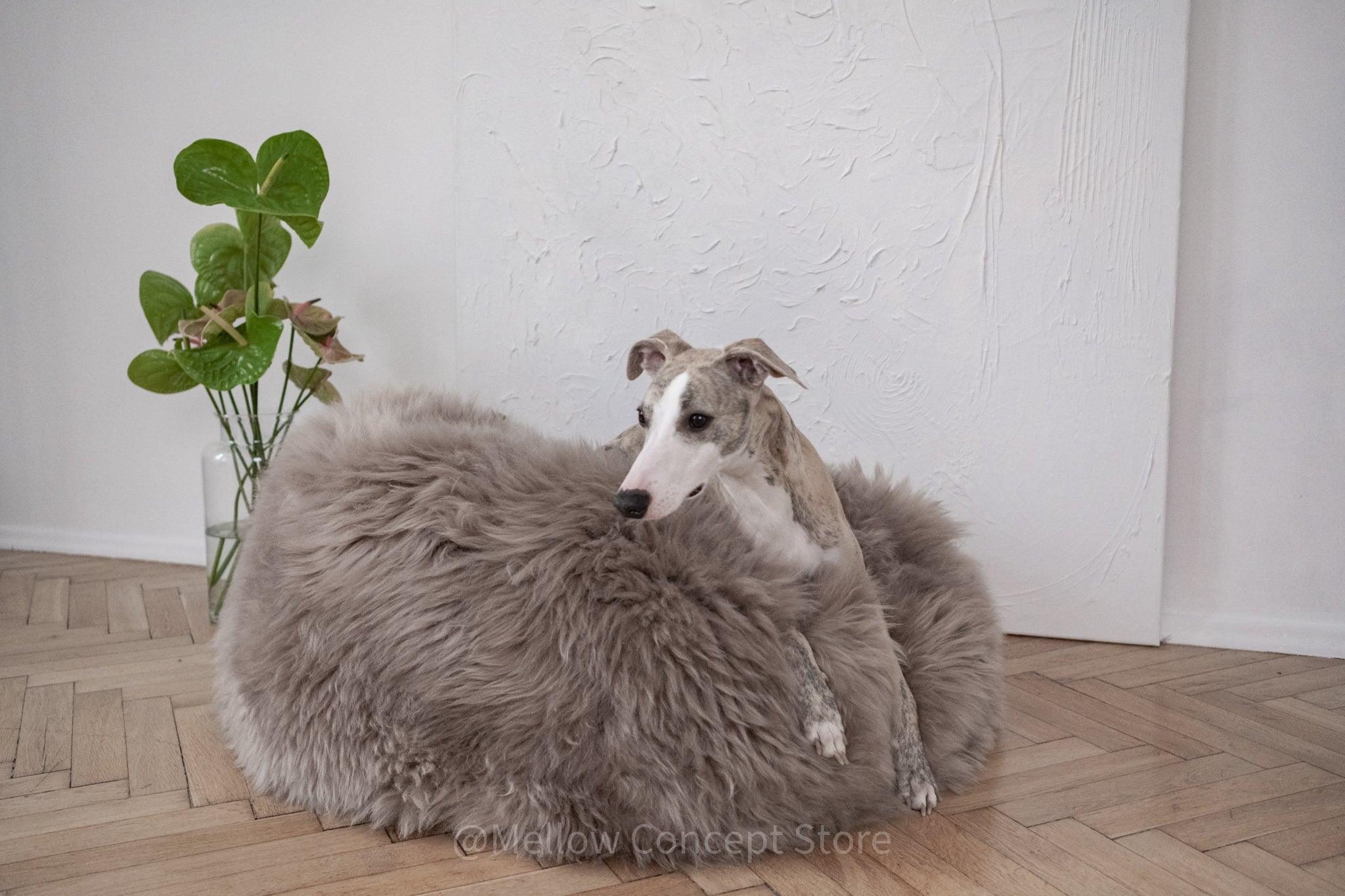 Oval Natural Sheepskin Pet Bed - Greige