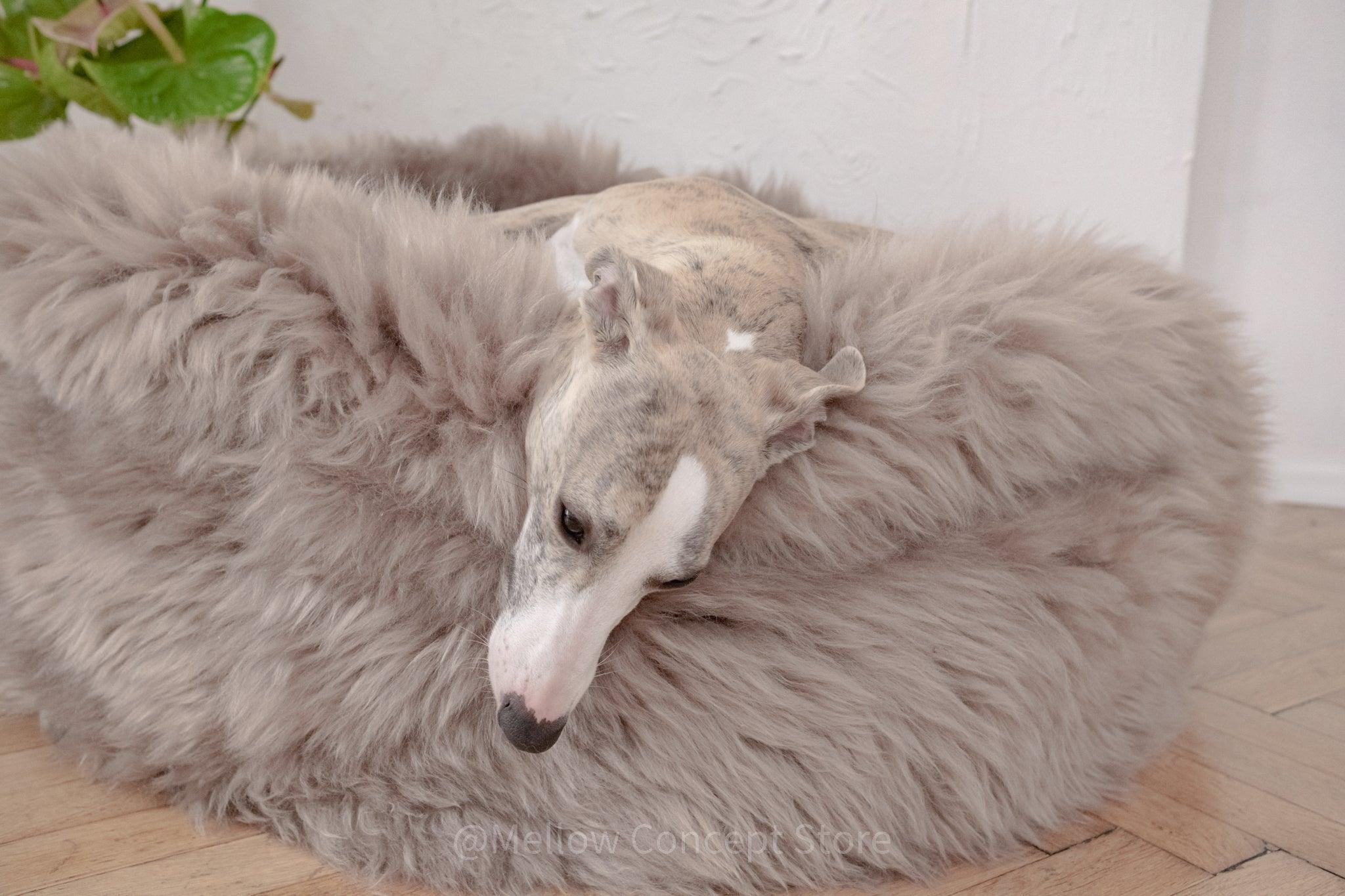 Oval Natural Sheepskin Pet Bed - Greige