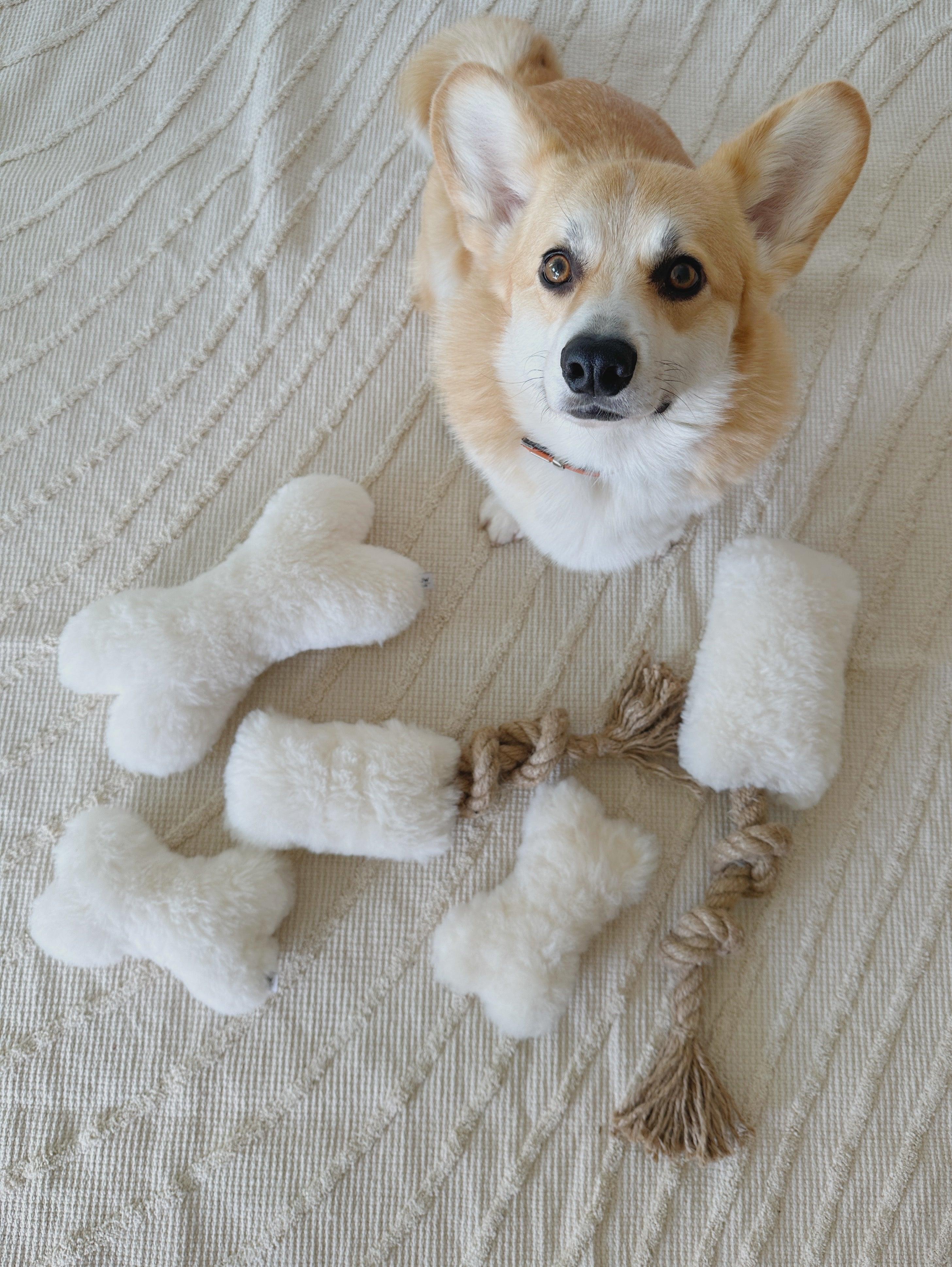 Natural Sheepskin Dog Toy - Bone - Beige-3